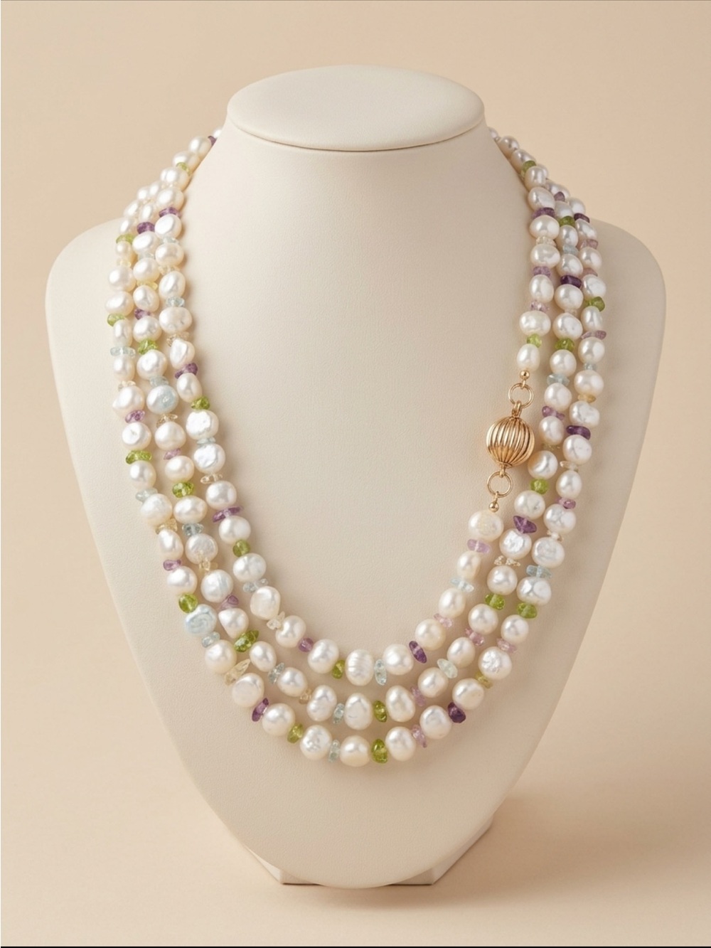 14k Triple strand Pearl and gem necklace 14k ball clasp